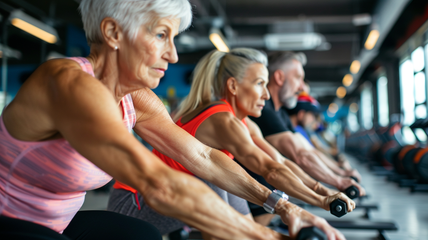 Люди різного віку займаються фітнесом в сучасному залі